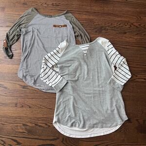 Pink Clover Women's Striped Casual Green and Gray 3.4 Sleeve Shirt Bundle Small